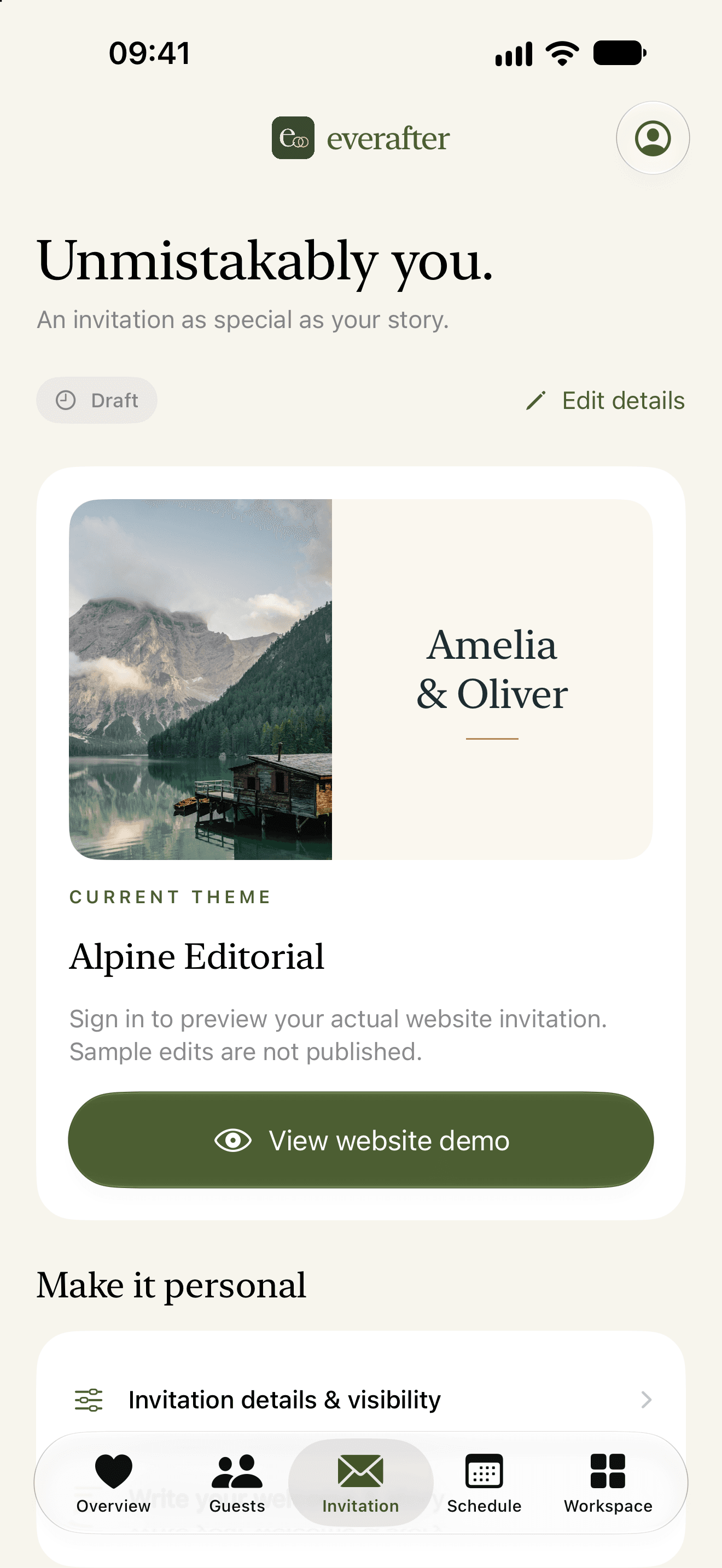 EverAfter iPhone preview showing the Alpine Editorial invitation design and editing tools