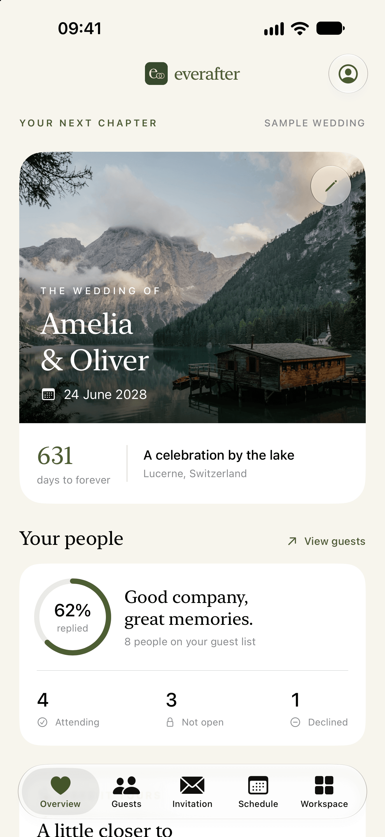 EverAfter iPhone preview showing a sample wedding, countdown and RSVP summary